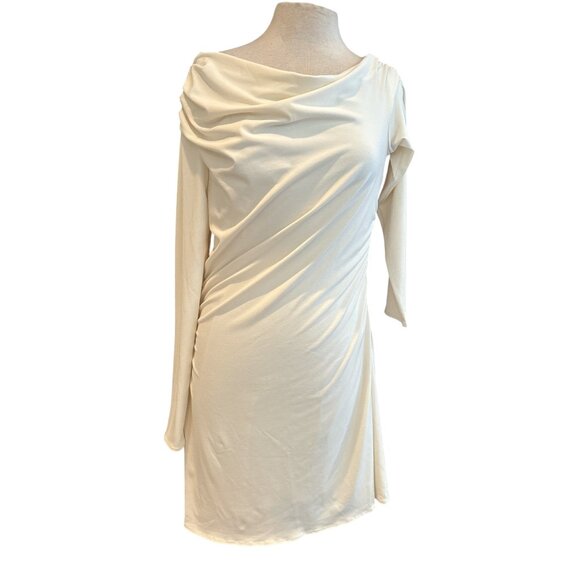 Abercrombie & Fitch Cream Drape Bodycon Mini Dress XL | Elegant Long Sleeve Ruch - Picture 3 of 11